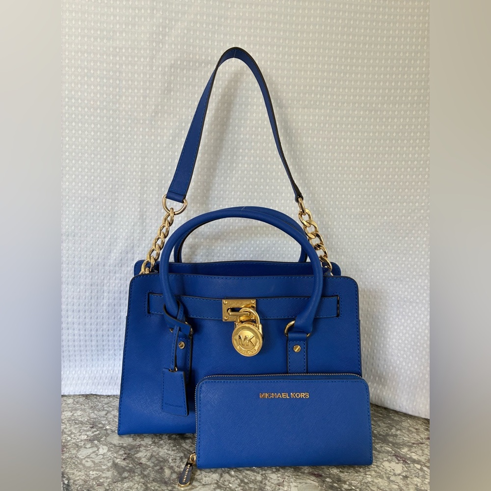 Michael Kors 3PC Blue Hamilton Satchel w/ Gold Accents, Wallet & MK Dust Bag EUC - Picture 3 of 12
